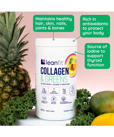 LEANFIT COLLAGEN & GREENS Tropical Mango - 7g Grass-Fed Bovine Collagen (Type I III) + 2 Seaweeds + 5 Leafy Greens Per Serving - 25 Servings 257g Tub - Buy Online on GoSupps.com