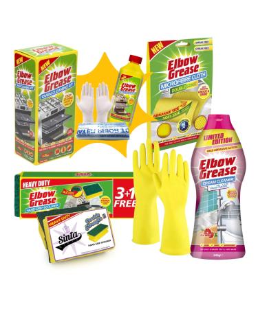 KITCHEN OVEN CLEANER BUNDLE (DELUXE) | Elbow Grease Oven Cleaning Kit 500ml Cream Cleaner Pink 540g Microfibre Cloth 1Pk Handgrip Scourer 4Pk & Gloves (M) 1Pk 100 ml (Pack of 5)