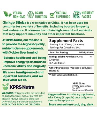 XPRS Nutra Ginkgo Biloba Capsules - Gingko Biloba Encapsulated Supplements for Cognition - Vegan Friendly Ginkoba Biloba - Immunity Boosting Ginkgo Biloba Capsules - 360 Count - Buy Online on GoSupps.com