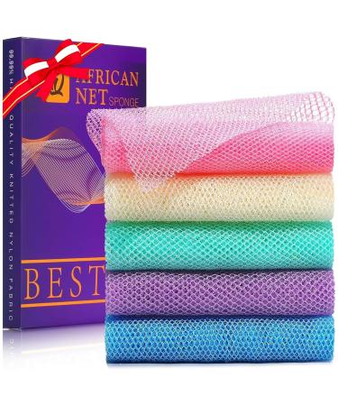 UJFQBH 5 Pieces African Bath Sponge African Net Long Net Bath Sponge Exfoliating Shower Body Scrubber Back Scrubber Skin Smoother Great for Daily Use (Purple Pink Green Blue White)