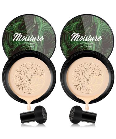 Mushroom Head Air Cushion CC Cream Foundation, BB Cream Concealer Makeup Lasting Moisturizing Pigment, Even Skin Tone for All Skin Types (2PC, Natural)