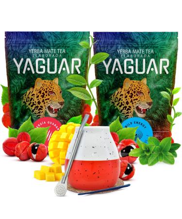 Yerba mate set with accessories - stimulant | Two-pack of yerba mate | Yaguar | Guarana | Brazilian seasoned yerba mate | Mild | Natural caffeine