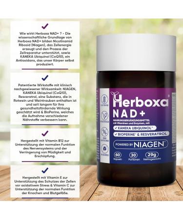 Herboxa NAD+ | Nicotinamide Riboside | Niaigen Patented Formula with Kaneka CoQ10 Vitamin E & B12 for Fatigue Relief - 60 Capsules - Buy Online on GoSupps.com