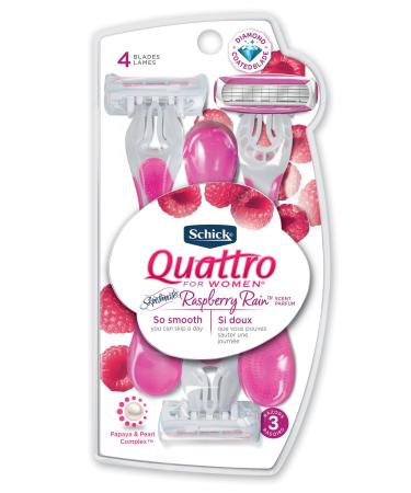 Schick Quattro for Women Disposable Razors with Raspberry Rain Scented Handle, 3 Count 3 Count (Pack of 1) Raspberry Rain