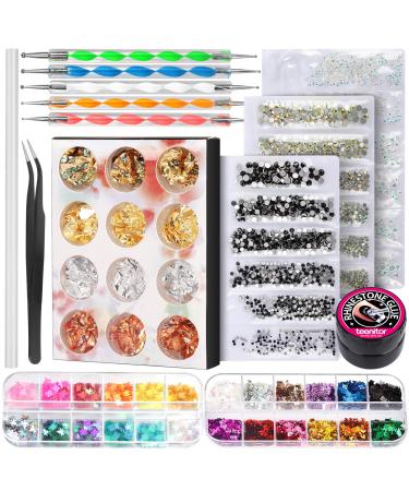 Nail Rhinestones with Glue, Teenitor Nail Rhinestone Kit Crystal AB Rhinestones Flatback Clear Rhinestones Black Rhinestones Nail Foil Flakes Nail Sequins for Nail Art