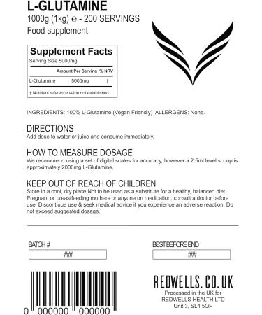 L-Glutamine Powder REDWELLS - 1kg Vegan Amino Acid Supplement | No Chemical Additives for Enhanced Recovery - Buy Online on GoSupps.com