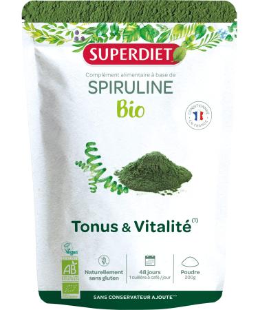SUPERDIET - ORGANIC SPIRULINA - Immunity Slimming Sports Recovery -Resealable Paper Bag - Packaged in France -Powder 200g