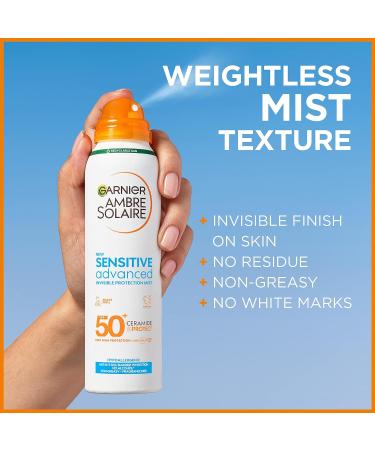 Garnier Ambre Solaire SPF 50+ Sensitive Advanced Dry Mist Sun Cream Spray Water Resistant & Non Greasy Sunscreen Fragrance Free UVA & UVB Protection Approved by Cruelty Free International 150ml 150 ml (Pack of 2) - Buy Online on GoSupps.com
