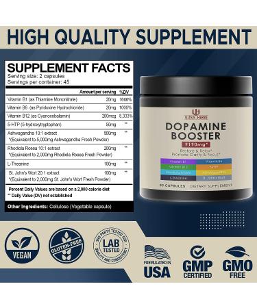 Dopamine Focus Supplement with Ashwagandha, 5-HTP, Rhodiola Rosea, St. John's Wort - Boost Memory, Clarity & Relaxation with VIT B1, B6, B12, L-Theanine - Buy Online on GoSupps.com