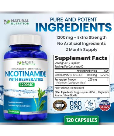 Generic Natural Vitamin Extra Strength Nicotinamide with Resveratrol 1200mg (Vitamin B-3) 120 Veggie Capsules Gluten Free & Non-GMO - Buy Online on GoSupps.com