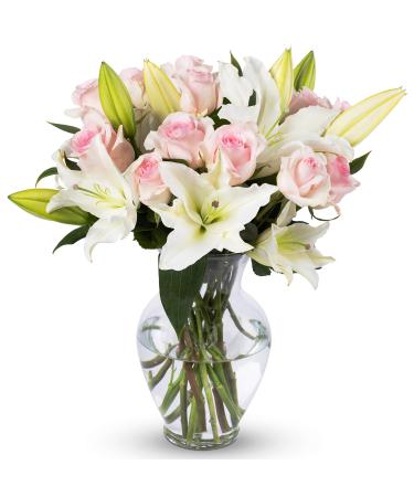 Benchmark Bouquets Pink Roses and White Lilies, With Vase (Fresh Cut Flowers)