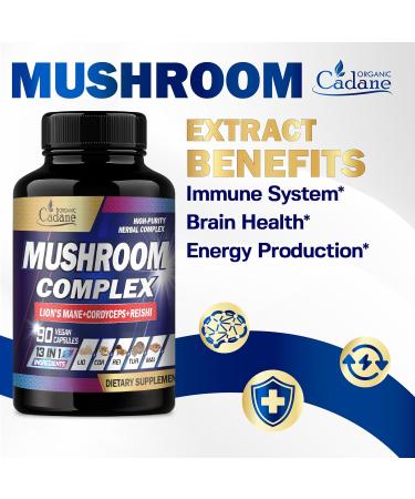 Organic Cadane Mushroom Complex Supplements for 3-Month Supply - 13in1 Lions Mane Cordyceps Sinensis Reishi Turkey Tail Mushroom Maitake Chaga Shiitake Enoki and More - 90 Vegan Capsules - Buy Online on GoSupps.com