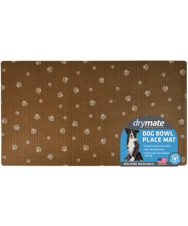 Drymate Pet Bowl Placemat, Dog & Cat Food Feeding Mat - Absorbent Fabric, Waterproof Backing, Slip-Resistant - Machine Washable/Durable (USA Made) Large (16" x 28") Brown Stripe Tan Paw