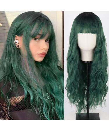 MERISIHAIR Long Dark Green Wig with Bangs,Ombre Curly Green Wig for Women,Long Dark Green Cosplay Wig Synthetic Natural Looking for Daily and Party Drak Green