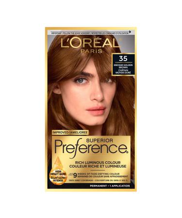 L Or al Paris Superior Preference 9 weeks of Luminous Fade-Defying Permanent Hair Dye 35 Medium Golden Brown 100% Grey Coverage 1 Hair Dye Kit (Packaging May Vary) 1 Count ( Pack Of 1 ) Medium Golden Brown
