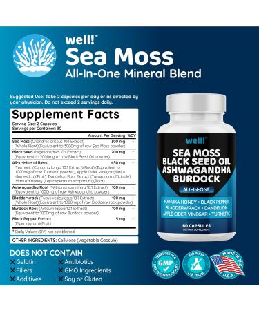 Sea Moss & Super Antioxidants Supplement - 3000mg Sea Moss 2000mg Black Seed Oil Ashwagandha Turmeric & More - 120 Count (Pack of 2) | International Shipping Available - Buy Online on GoSupps.com