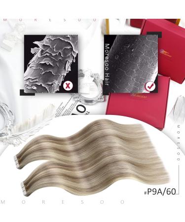 Moresoo 16 Inch Tape in Human Hair Extensions Light Brown with Platinum Blonde Highlight - 20 Pieces/50g #P9A/60 - Buy Online on GoSupps.com