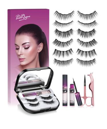 Magnetic Eyelashes with Eyeliner 6-Pair Long Lasting Magnetic Lashes Reusable 2 Tubes of Magnetic Eyeliner No Glue Needed Eye Lashes with Scissors Tweezers & Mirror Case