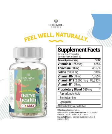 Nerve Health Max - 120 Capsules for Nerve Support | Vitamin D B6 B12 Alpha Lipoic Acid & More - 60 Day Supply - Buy Online on GoSupps.com