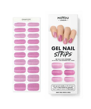 MOYOU LONDON Semi Cured Gel Nail Strips 20 Pc. Gel Wraps for Nails Get 1 Free UV Lamp when you Get 3 or More Easy Apply & Remove for Salon-Quality Manicure -Baby Doll Rock and Roll