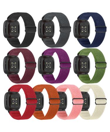 Enkic 10 Pack Elastic Nylon Bands Compatible with Fitbit Versa 3 Bands/Fitbit Sense Bands for Women Men, Soft Adjustable Stretchy Woven Straps Replacement Sport Loop Wristband Black+Gray+Indigo+Purple+Wine Red+Army Green+O…