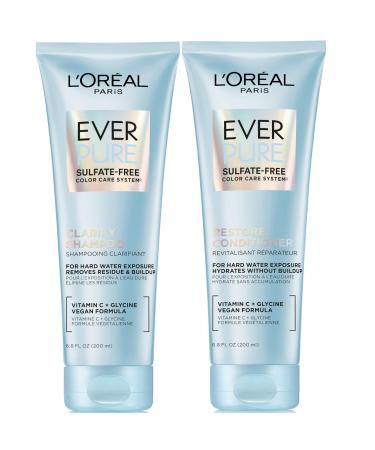 L'Oreal Paris Clarify and Restore Sulfate Free Shampoo and Conditioner Set with Antioxidants for Hard Water Exposure and Styling Build-up EverPure 1 Hair Care Kit