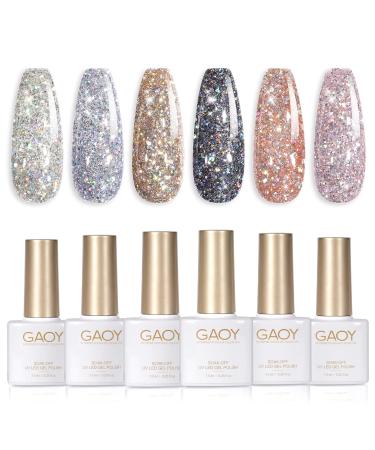 GAOY Chrome Platinum Glitter Gel Nail Polish Set of 6 Colors Including Sparkly Shiny Black Silver Pink Gel Polish Kit U V LED Soak Off Nail Polish Home DIY Manicure Nail Salon Varnish