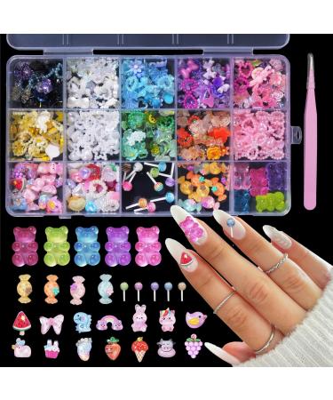 Multi 3D Mix Assorted Color Nail Charms Acrylic Flower Butterfly Bowknots Lollipop Candy Bear Cute Hollow Pearls Nail Charms Jewelry for Nail Art DIY Accessories