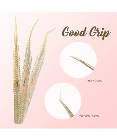 TDANCE Golden-T3 Fiber Tip Curved Lash Tweezers for Eyelash Extensions - Stainless Steel Volume Tweezers (1Pcs) - Buy Online on GoSupps.com