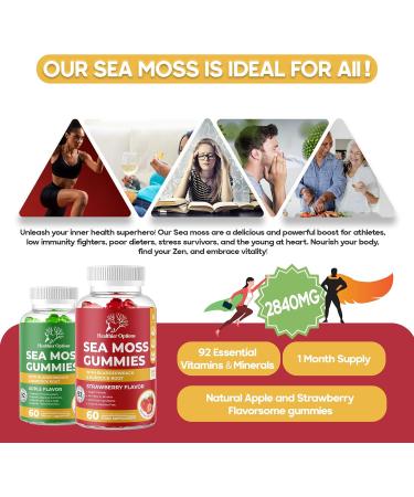 Organic Irish Sea Moss Gummies with Bladderwrack & Burdock Root - 2840 Mg | 60 Gummies | Strawberry Flavour | Vegan Gluten Free Non GMO - Buy Online on GoSupps.com