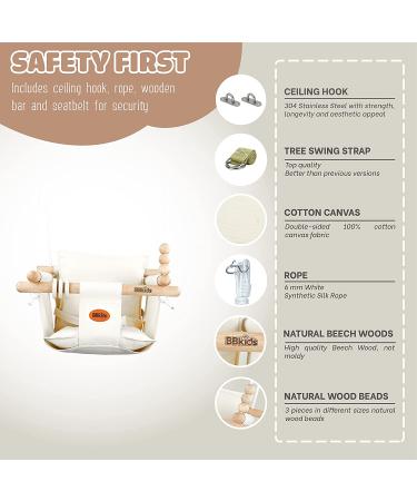 BBkids Canvas Baby Swing with Safety Belt - Indoor/Outdoor Wooden Hammock Hanging Seat Chair for Kids, Cream - Buy Online on GoSupps.com