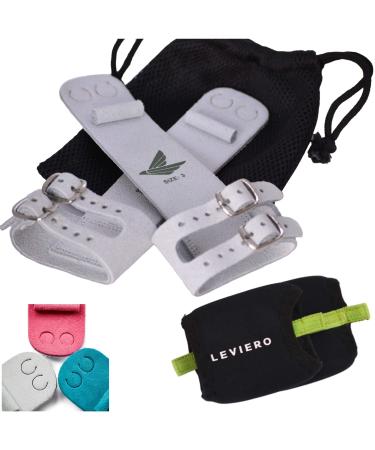 LEVIERO Buckle Gymnastics Grips - Soft Leather Dowel Hand Grips with Double Buckle Wrist Closure and Adjustable Finger Holes, for All Ages White 1