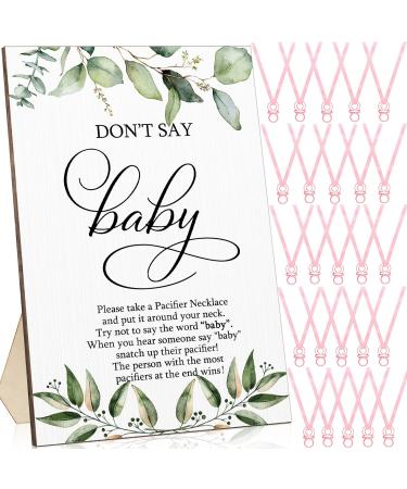 51 Pcs Cool Baby Shower Game Include Wooden Don't Say Baby Sign and 50 Acrylic Baby Pacifier Necklace Greenery Baby Gift Set for Baby Gender Reveal Party Favor Pink