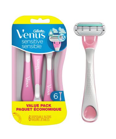 Gillette Venus Sensitive Disposable Razors for Women with Sensitive Skin, Delivers Close Shave with Comfort, 6 Count (Pack of 1) 6 Razors