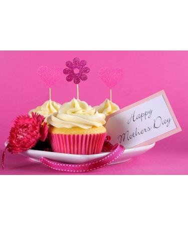 TSJ 16 PCS Glitter Cupcake Toppers Heart Flower Cupcake Picks Cake Toppers Mother s Day Valentine s Day Wedding Party Cake Decorations Pink - Buy Online on GoSupps.com