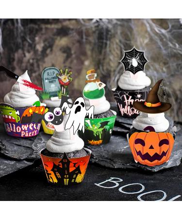164PCS Halloween Cupcake Toppers Wrappers - Spider Web Pumpkin Zombie Hand Cake Party Decorations Supplies - Buy Online on GoSupps.com