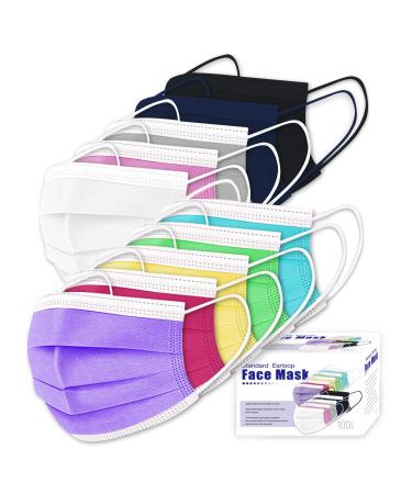 100 Pcs Adult Face Mask, Breathe freely 3 Layers Filter Non-Woven Disposable Masks Anti Dust Ear Loop-Facial Cover Multicolor Masks (100 Pcs Multicolor) 100 Count (Pack of 1) Multicolor