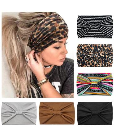 Kavya 6 Pcs Headbands for Women's Hair UK Wide Soft Ladies Headband Boho Fashion Print Bandanas Knot Adult Scarfs Hairbands Elastic Fashion Yoga Hair Bands Hair Accessories (Leopard) Multi-colored-3