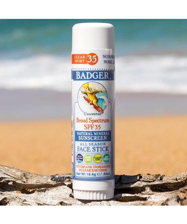 Badger Natural Mineral Sunscreen Face Stick SPF 35 - Unscented (.65 oz) | Eco-Friendly, Non-Toxic Protection - Buy Online on GoSupps.com