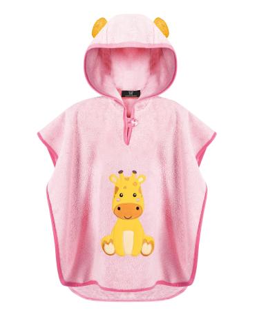 Laynenburg Premium bathing poncho children with hood - 100% cotton - Oeko Tex - Baby young girls towel poncho terryon 1-3 years of pink - giraffe