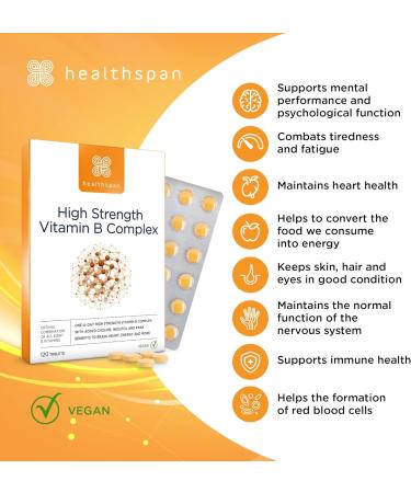 Healthspan High Strength Vitamin B Complex (120 Tablets) - Supports Brain, Heart & Immune Health | Vegan Formula with Choline | Reduce Fatigue - Buy Online on GoSupps.com