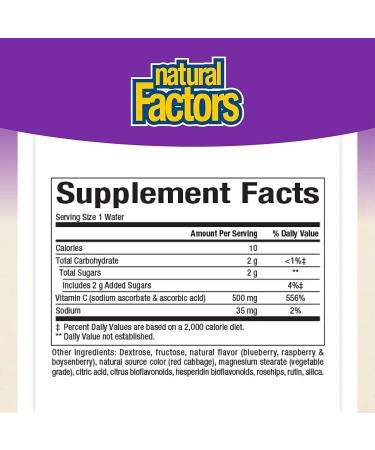 Natural Factors Vitamin C Chewable Wafers - 100% Natural Blueberry, Raspberry & Boysenberry - 500 mg, 180 Count - Buy Online on GoSupps.com