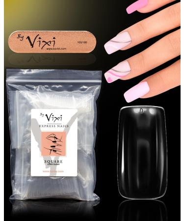 By Vixi 500 LONG SQUARE NAIL SET with PREP FILE 10 Sizes Clear Express Full Cover False Fingernail Extensions for Salon Professionals & Home Use Square Long