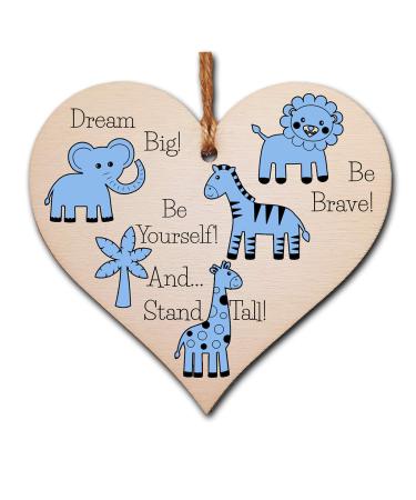 The Plum Penguin Handmade Wooden Hanging Heart Plaque Gift Be Brave Dream Big Be Yourself And Stand Tall new baby present new parents blue safari animals nursery wall decoration