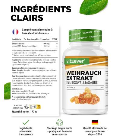 vit4ever Extrait d encens - 240 g lules v ganes - 1000 mg par portion quotidienne - Avec 85% d acides boswelliques issus de v ritable Boswellia serrata indien - Hautement dos & qualit premium - Buy Online on GoSupps.com