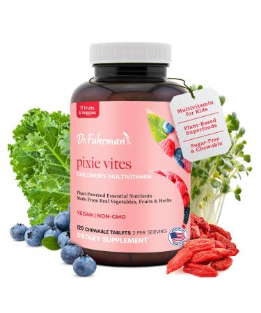 Dr. Fuhrman Pixie Vites Chewable Children's multivitamin | Whole Food Kids Multi with Vitamin D3 K2 & Zinc | Sugar Free Vegan Non-GMO | Organic Natural Fruits and Veggies | Berry Flavor | 120 Tabs