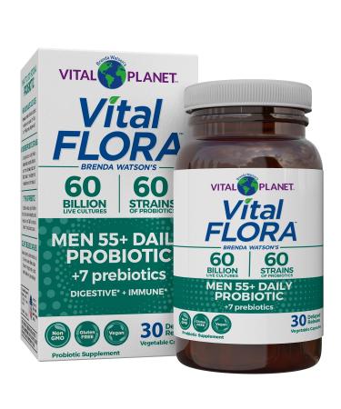 Vital Planet - Vital Flora Men 55+ Daily Probiotic 60 Billion CFU 60 Diverse Strains 7 Organic Prebiotics Immune Support Gas Relief Colon and Digestive Health Probiotics for Men 30 Capsules