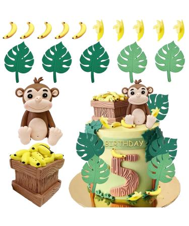 Monkey Cake Toppers with Banana Green Leaves Cake Decorations for Jungle Safari Animal Themed Birthday Baby Shower Party Supplies Monkey B