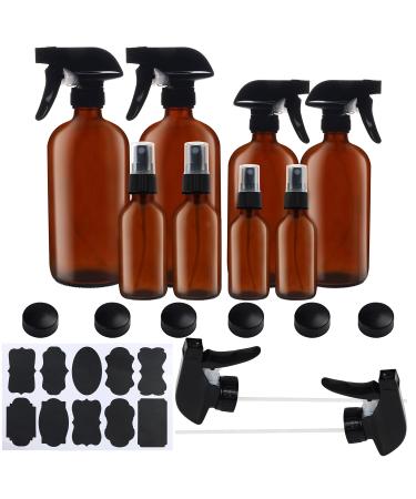 BELLE VOUS Brown Glass Spray Bottle Set (8 Pieces) - 57-455ml Various Spray Bottles Glass Empty Atomizer Glass with Labels and Lid as Atomizer Oil Cleaning Agent Plant Spray Bottle