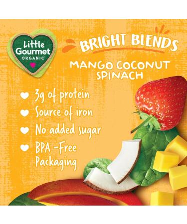 Baby Gourmet Little Gourmet Organic Bright Blends Baby Food Pouches - Mango Coconut Spinach - No Added Sugar or Salt Non GMO No Fillers - (113ml) 12-Pouches Yellow Mango Coconut Spinach 113ml - 12 Pouches - Buy Online on GoSupps.com